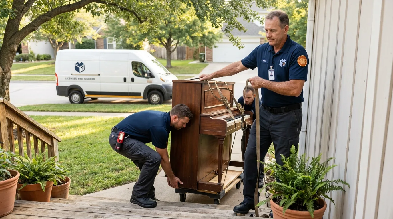 Licensed piano movers securing grand piano in Coal Creek, CO