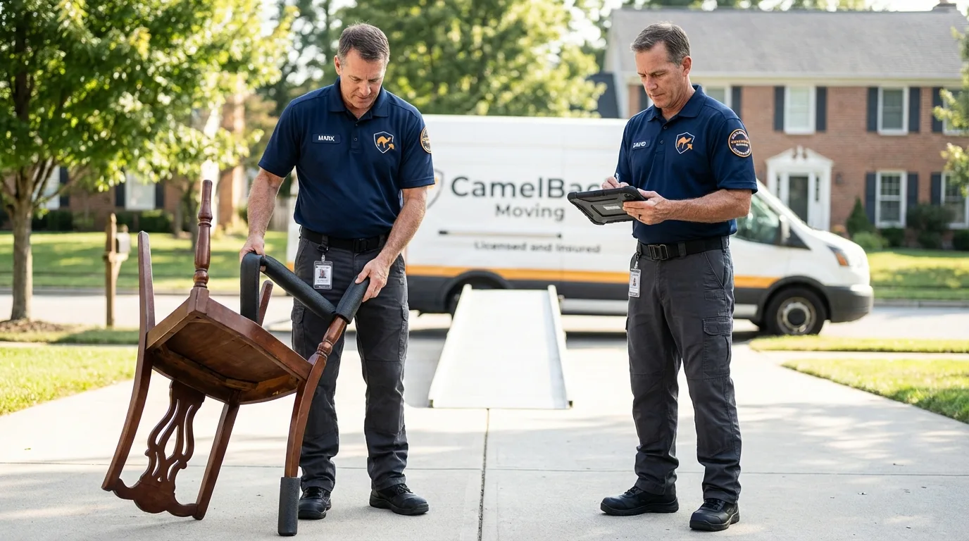 Movers inspecting furniture for damage prevention before loading in Coal Creek, CO