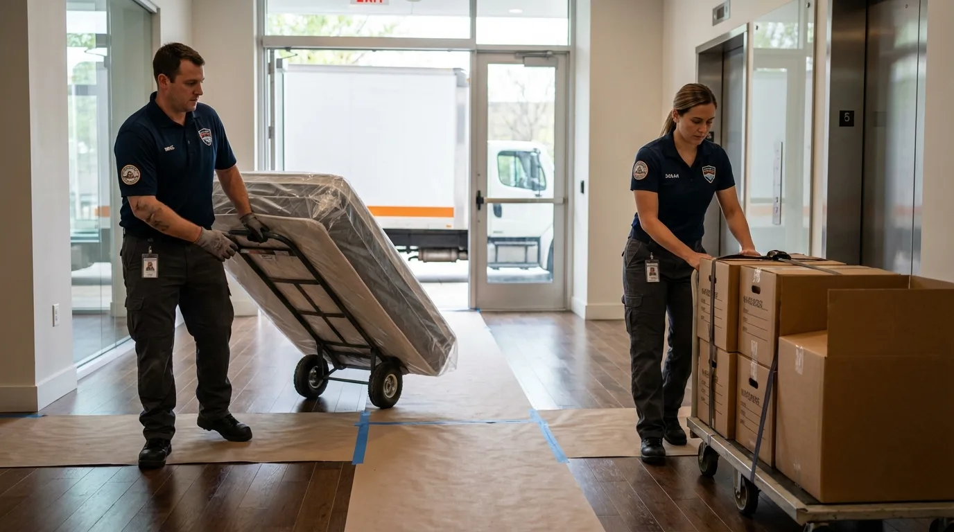 Professional apartment movers loading elevator in Coal Creek, CO
