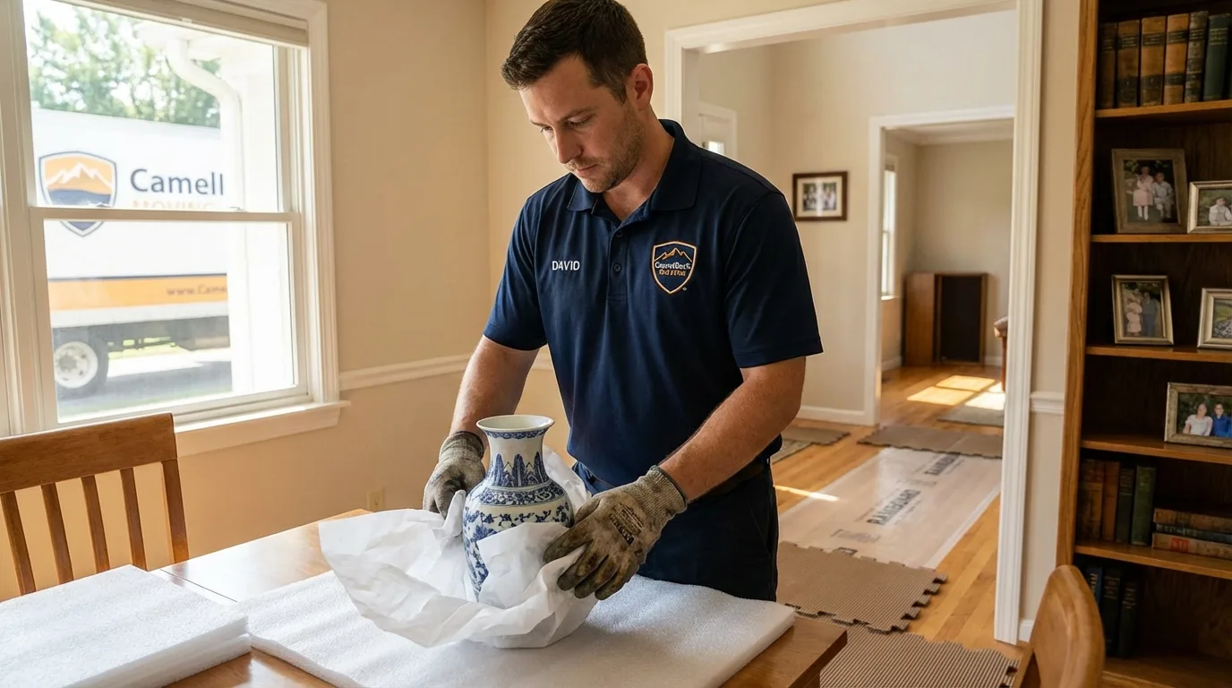 Professional crew carefully wrapping antique vase for senior downsizing move in Coal Creek, CO